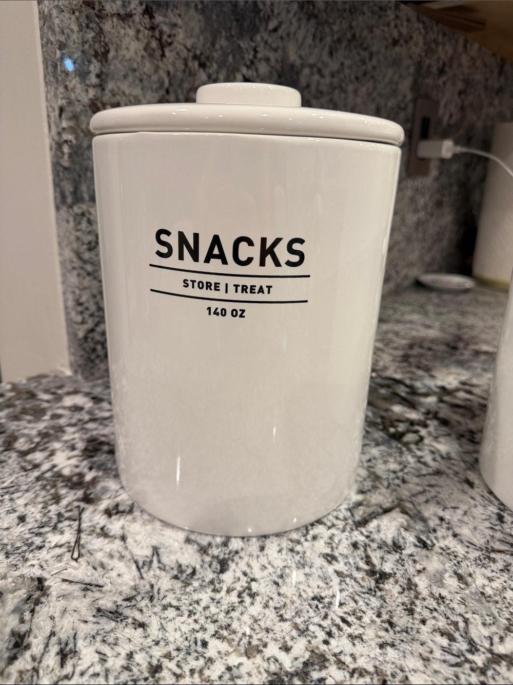 West Elm White Ceramic Snack Canister with Black Lettering